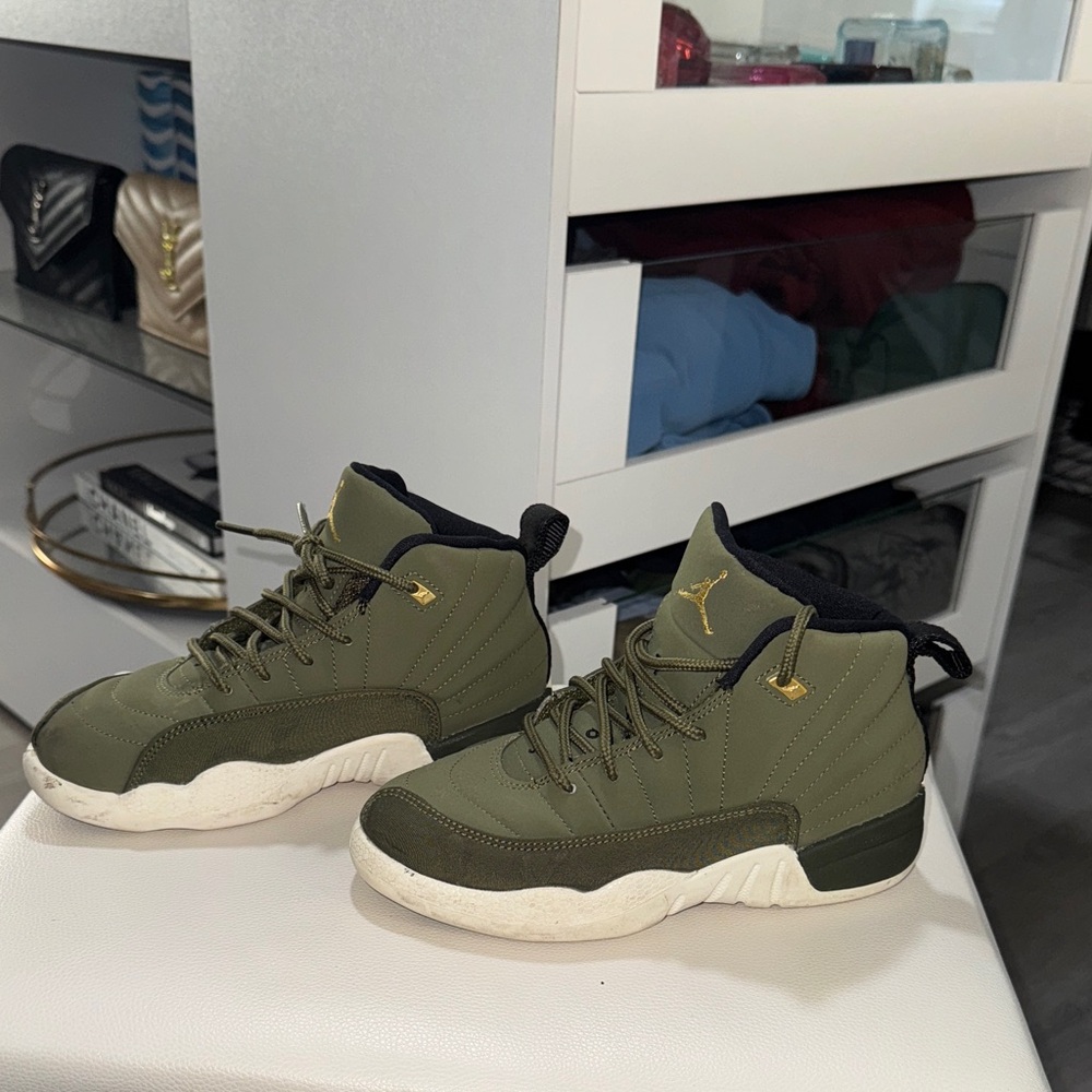 Jordan Olive Green High-Top Basketball Sneakers with Gold Accents